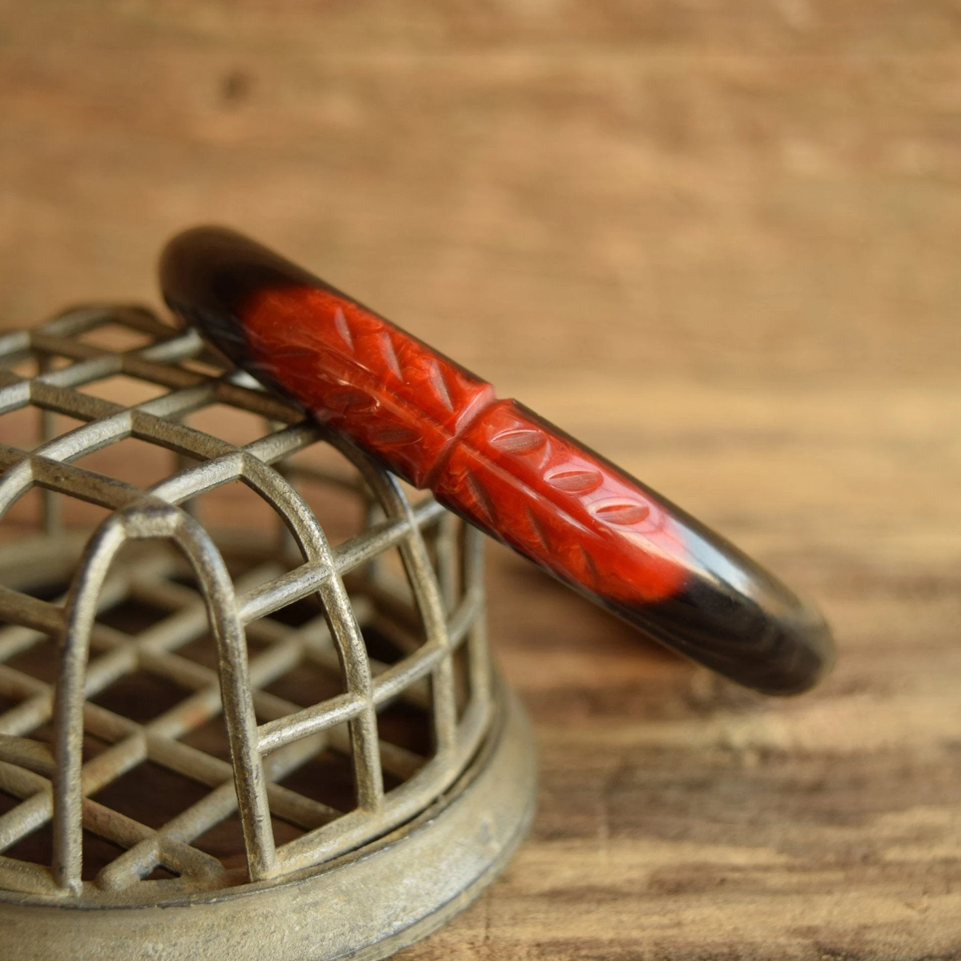 Over Dyed Red popular and Black Carved Bakelite Bangle Tested